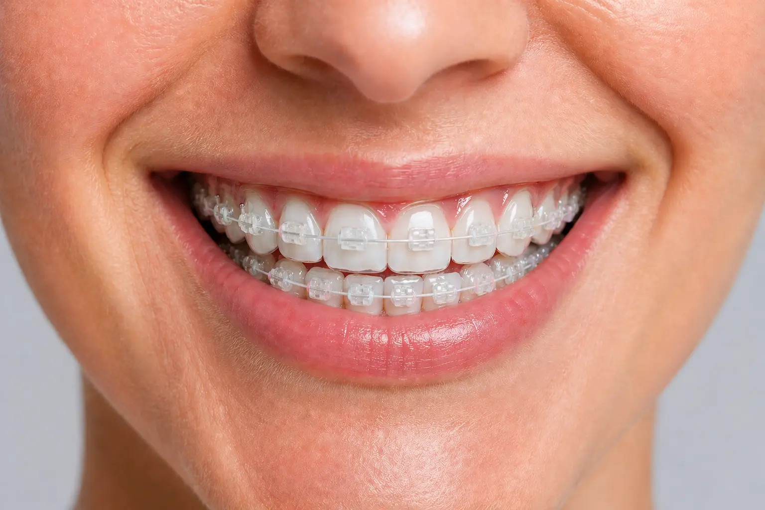 Brackets estéticos de cerámica color diente en sonrisa adulta, ortodoncia discreta Sevilla Dra. Amalfi Mármol